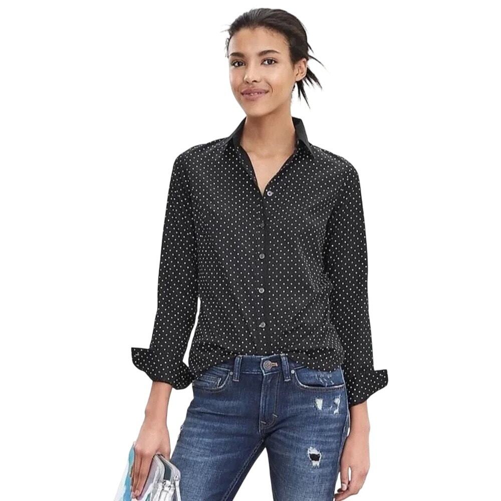 Banana Republic Non Iron Fitted Polka Dot Button Down Blue Blouse Dress Shirt 6